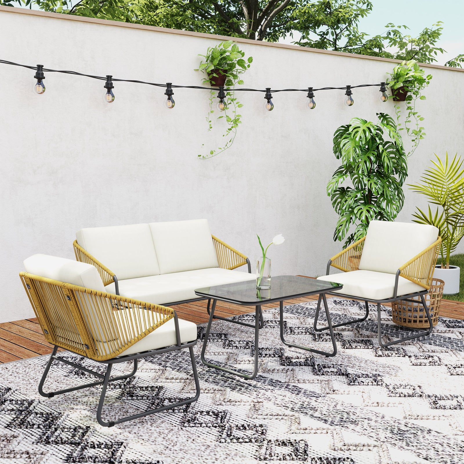 4 Piece Rattan Garden Furniture Set With Cushions | Natural