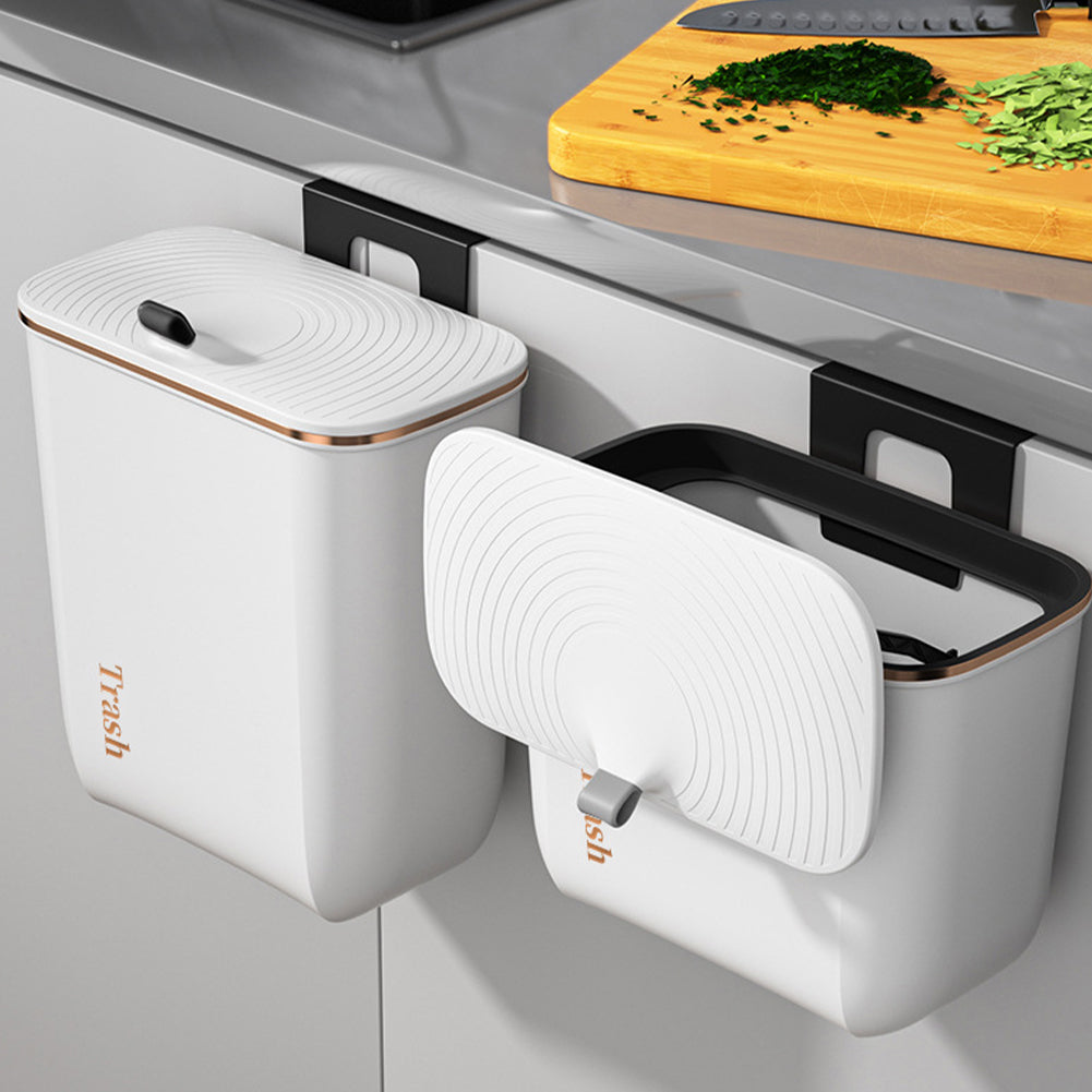 Kitchen Bathroom Hanging Waste Bin With Lid | Large | Pearl White