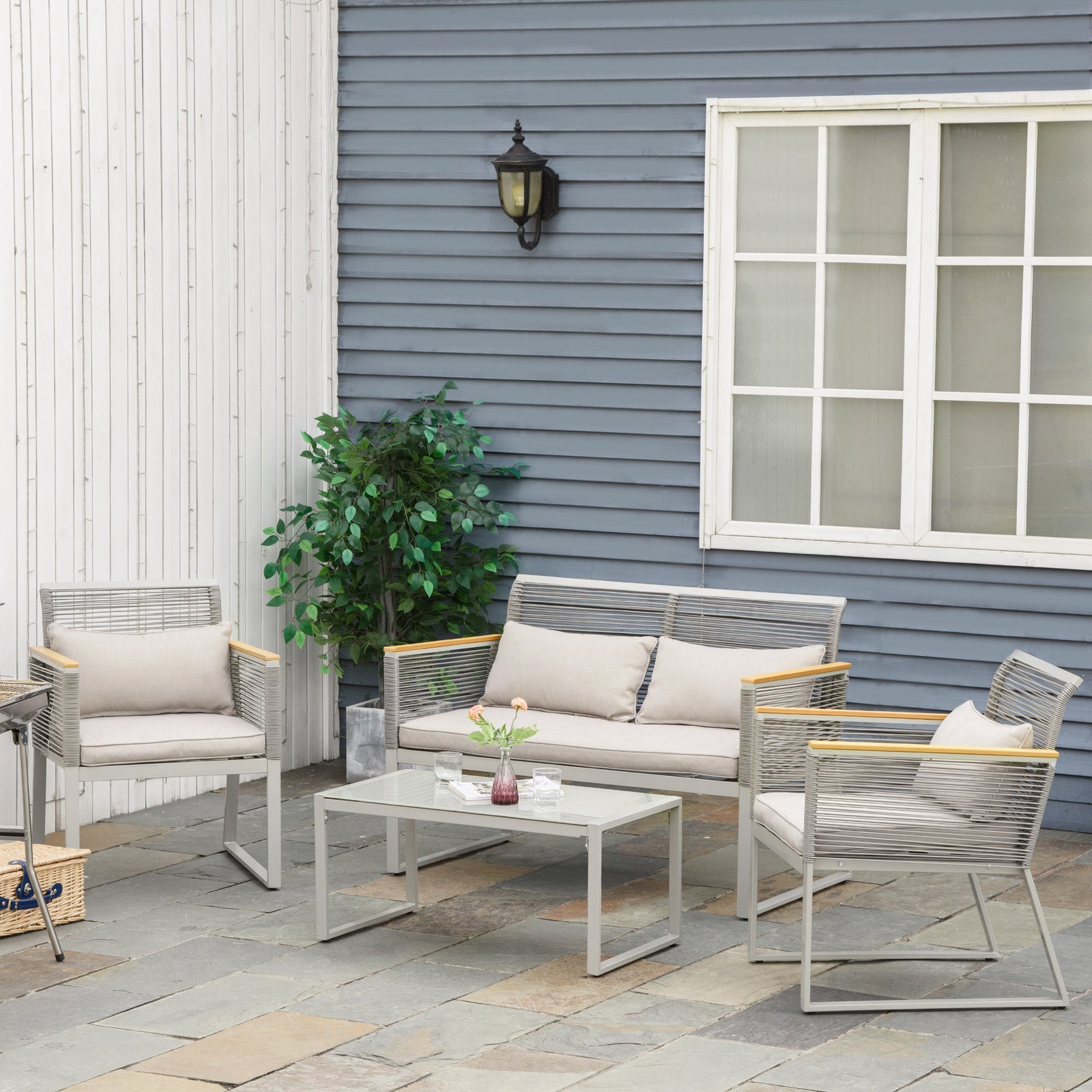 4 Pcs Patio Round Pe Rattan Sofa Set