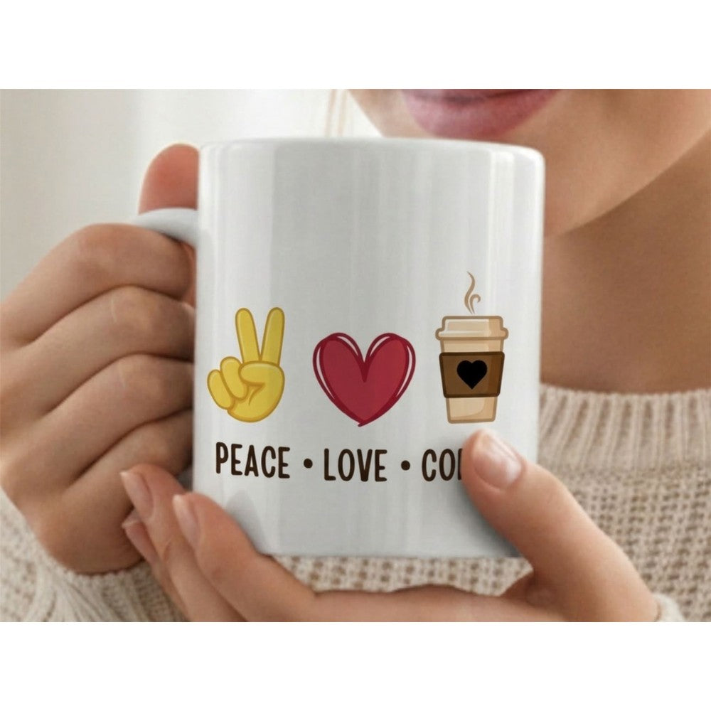 Dyzi Peace Love Coffee Quote Ceramic Coffee Mug White