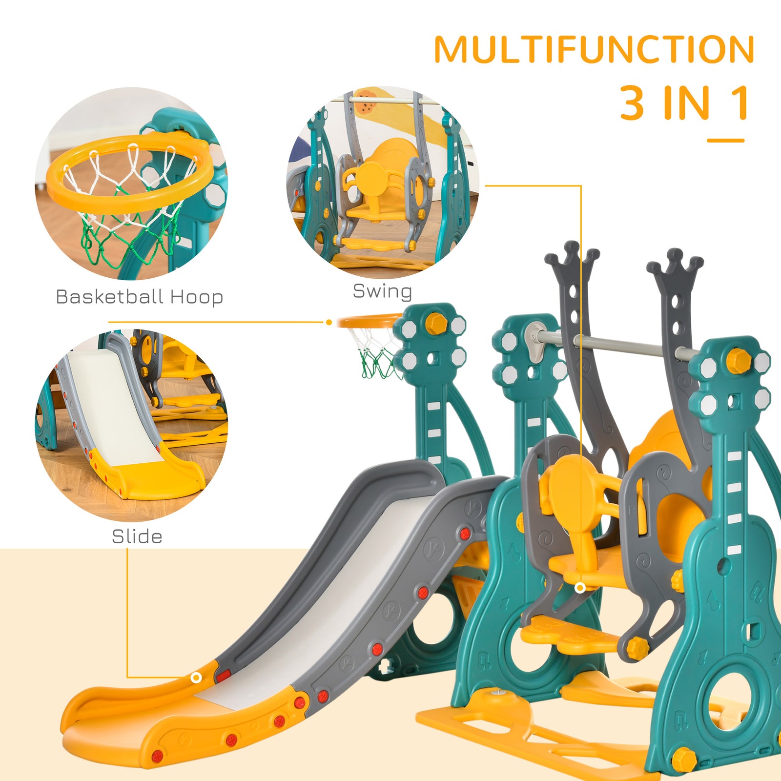3-in-1 Kids Swing And Slide Set With Basketball Hoop Slide Swing