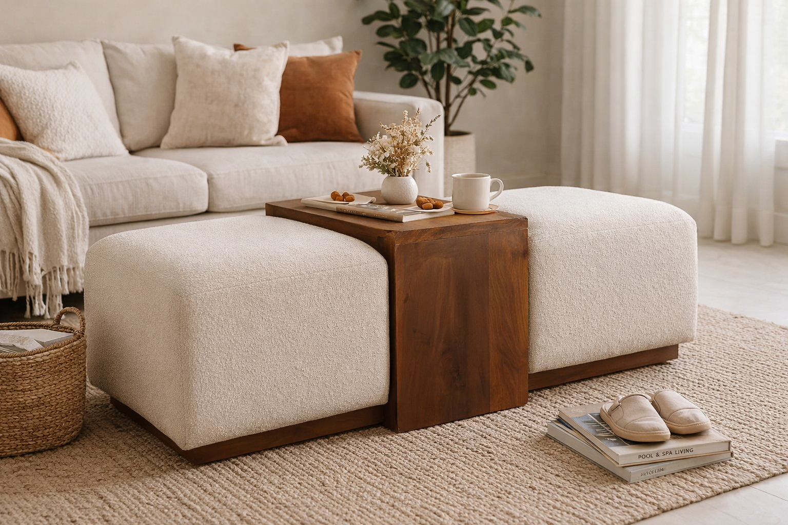 Arden Bench Duo Boucle-upholstered Seats, White And Brown