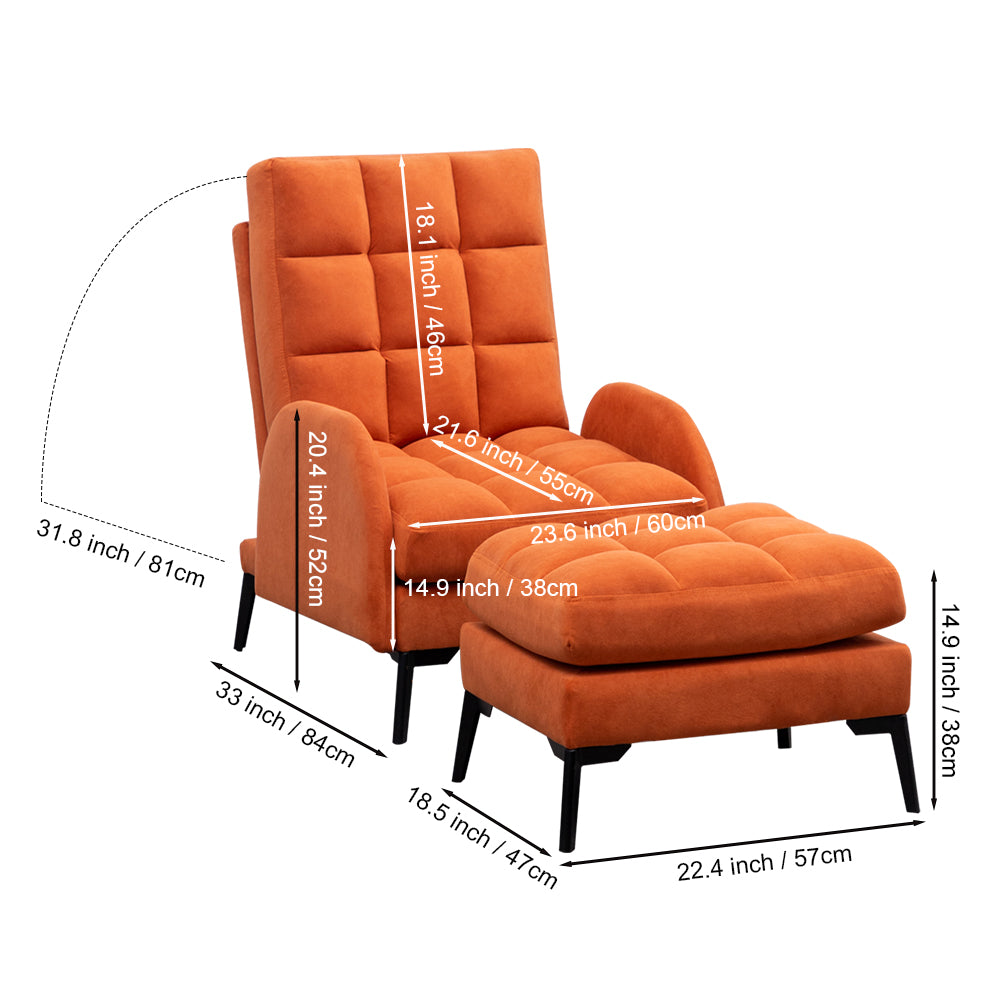 Frosted Velvet Armchair With Footstool Set– Adjustable 110°-180° Recline, Cozy Upholstered Chair With Metal Legs, Ergonomic Comfort | Orange