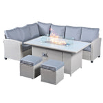 Conwy 8-seater Rattan Corner Gas Firepit Dining Set For Luxurious Outdoor Gatherings | Gray