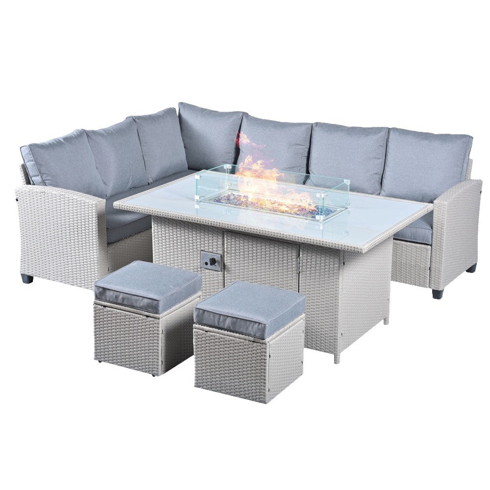 Conwy 8-seater Rattan Corner Gas Firepit Dining Set For Luxurious Outdoor Gatherings | Gray