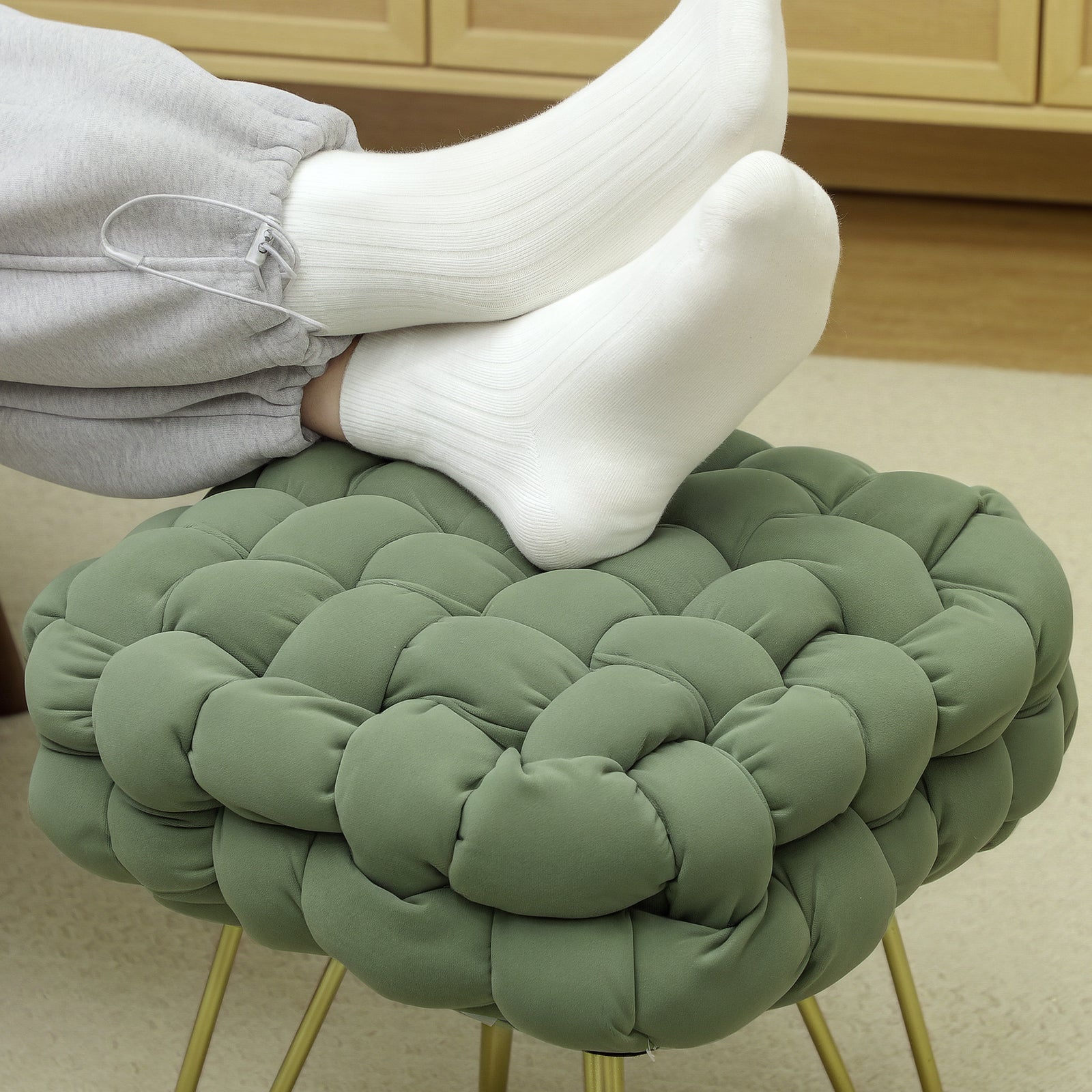 Woven Velvet Foot Stool With Steel Legs For Living Room | One Size | Green