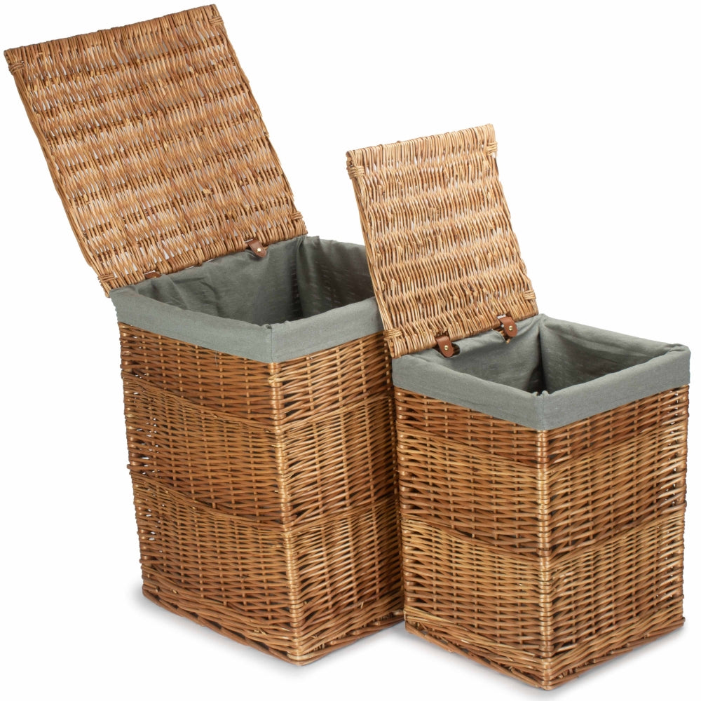 Light Steamed Square Laundry Basket With Grey Sage Lining | Set-of-2