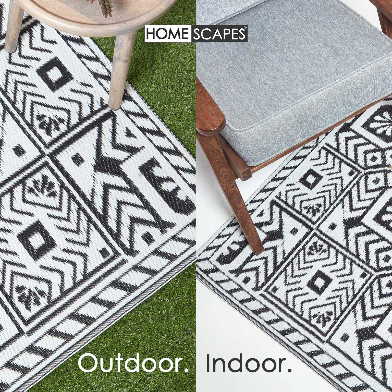 Luxury Outdoor Rug Waterproof Reversible Round For Garden Patio, Black Geometric Aztec