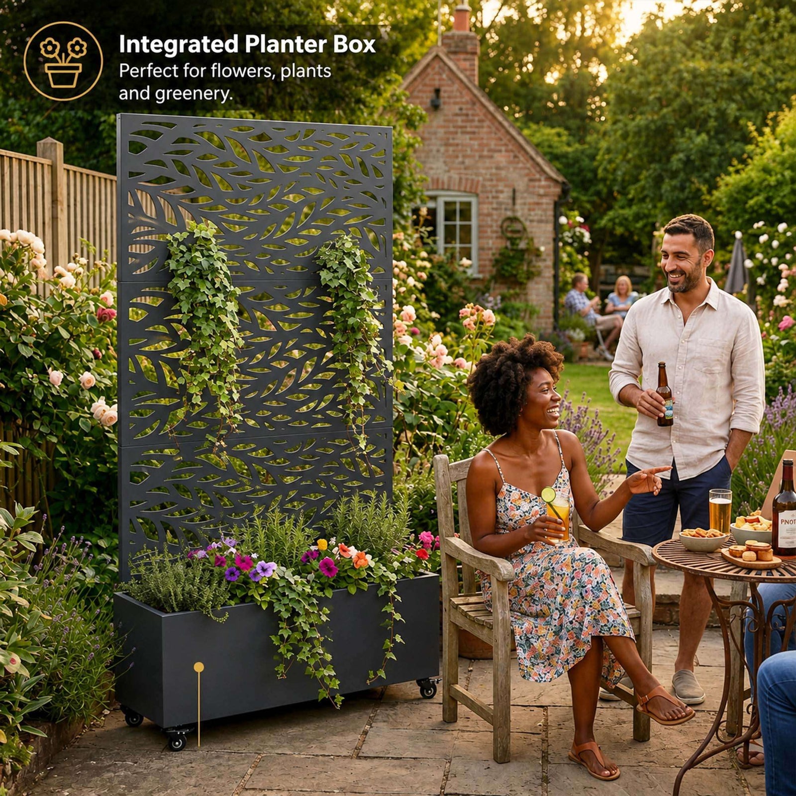 Metal Privacy Screen With Plant Pot - Leaf | Anthracite Grey