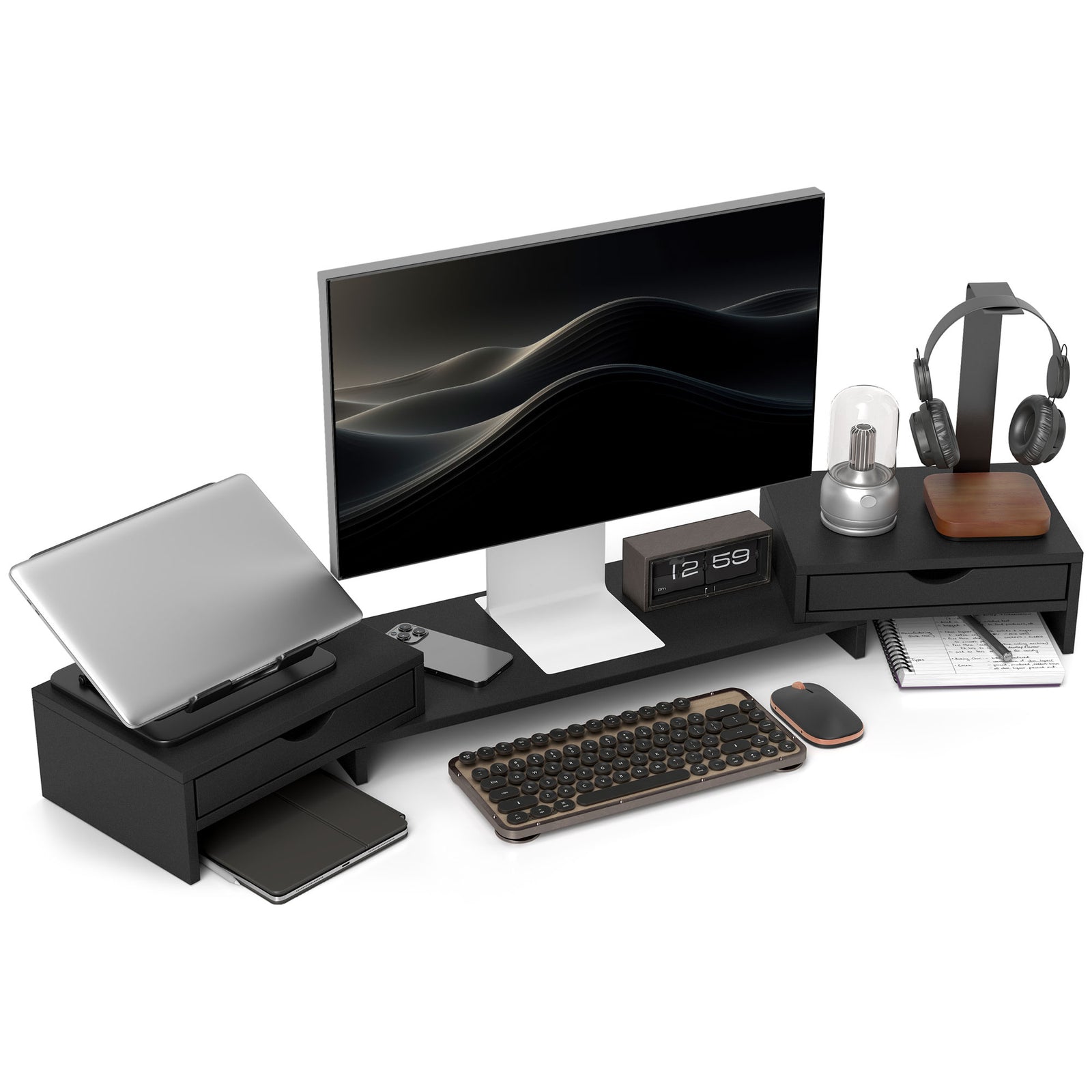 Dual Monitor Stand Riser With Adjustable Length And Angle | One Size | Black