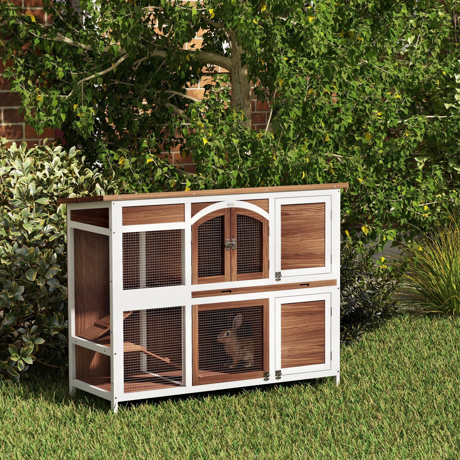 Two-tier Wooden Rabbit Hutch W/ Openable Roof, Slide-out Tray, Ramp | Brown