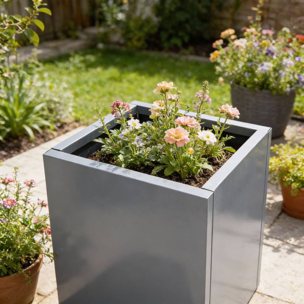 Zinc Galvanized Steel Planter Box With Drainage Hole –square Raised Planter Box Outdoor Balcony Garden Trough Pot | Small | Light Grey