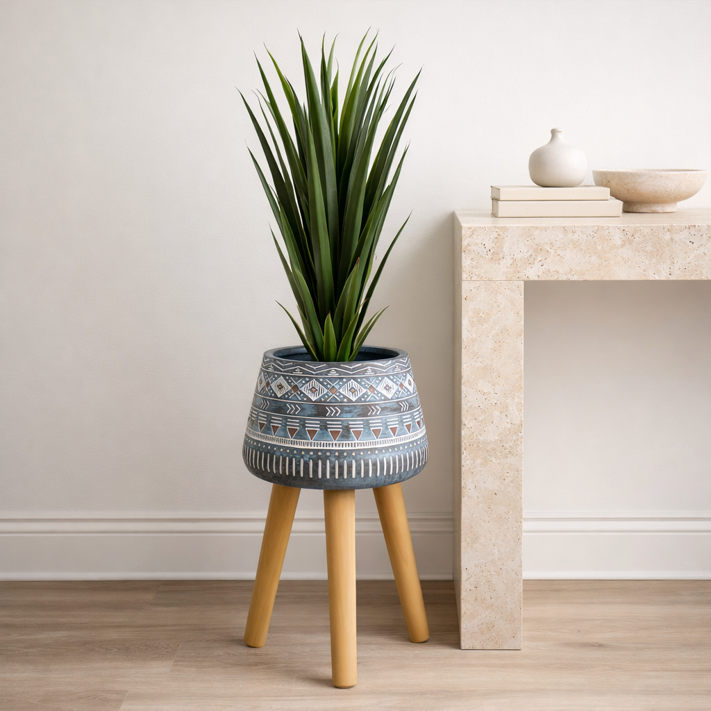 Large Blue Composite Planter With Stand