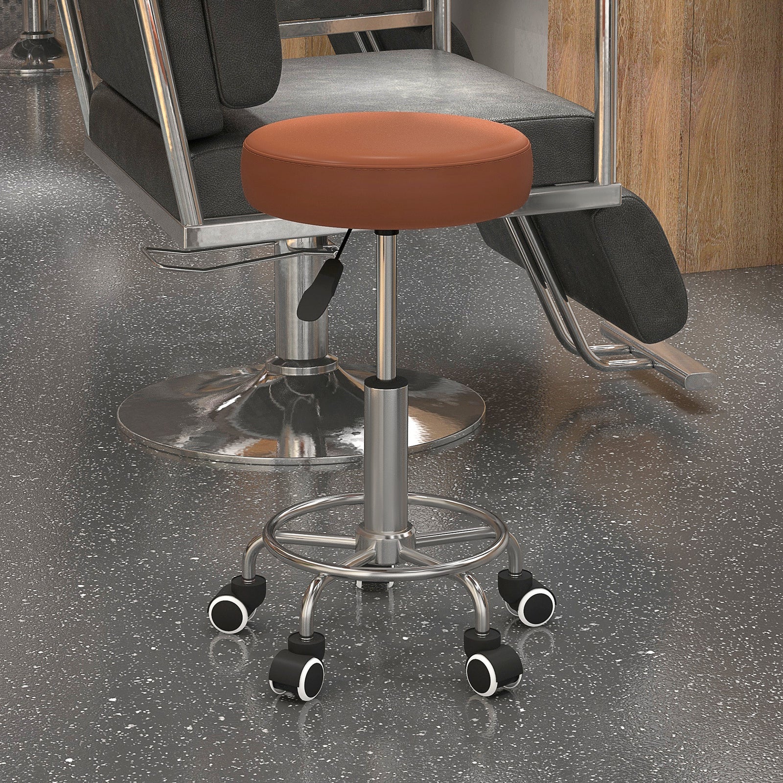 Round Pu Leather Salon Beautician Stool Adjustable Height | One Size | Brown