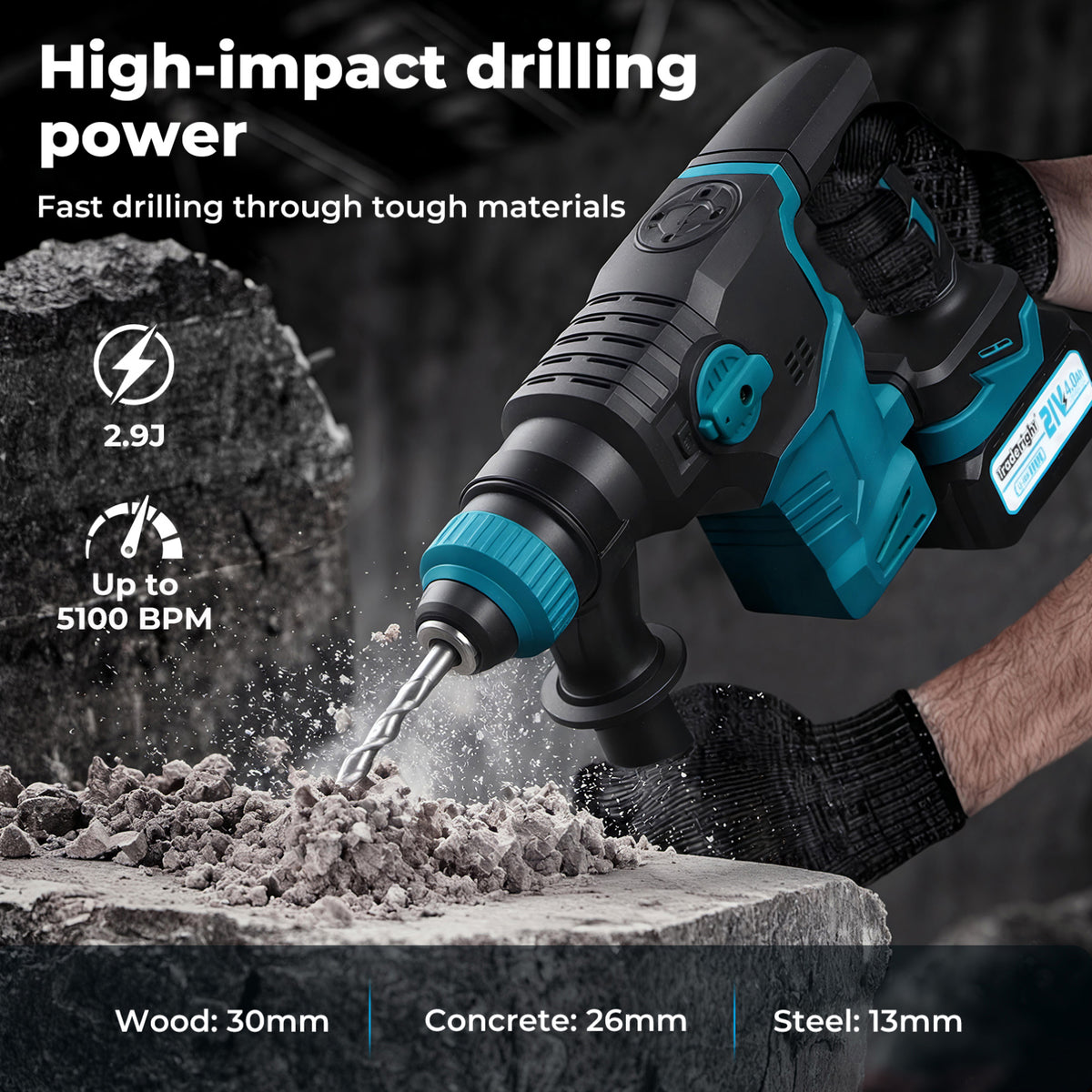 21v Cordless Rotary Hammer Drill Sds Plus Concrete Impact Drill Tool | Blue