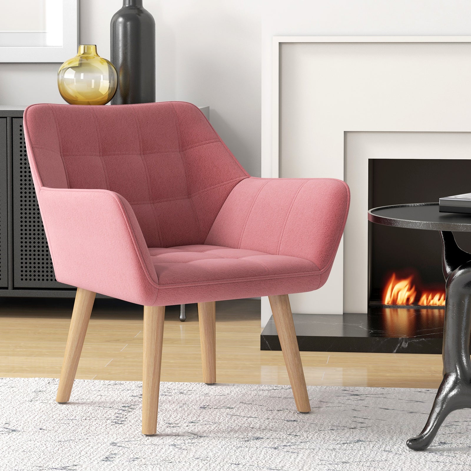 Velvet-feel Accent Chair With Arms Slanted Back Wood Legs | One Size | Pink
