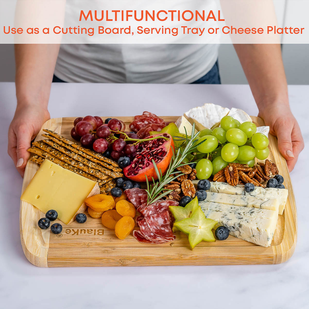 BlauKe Wood Cutting Board For Kitchen - 37x29cm Bamboo Cutting Board With Juice Groove - Wooden Butcher Block