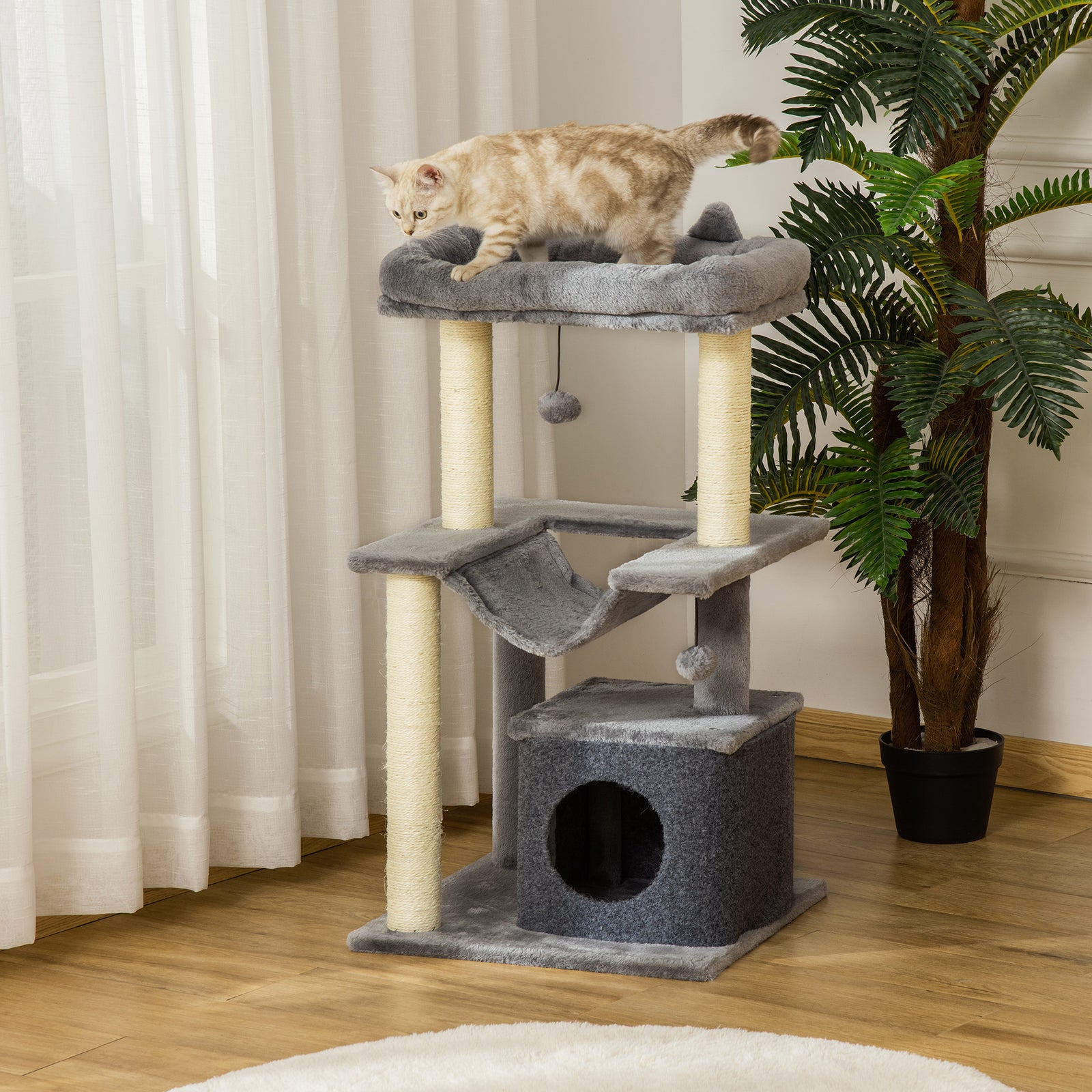 Cat Tree, 90cm Cat Tower With Sisal Scratching Posts | Grey