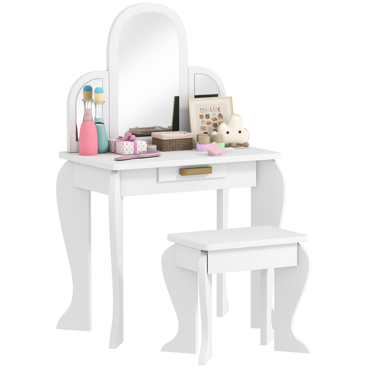 Kids Dressing Table Set Kids Vanity Set W/ Drawer, Mirror | White
