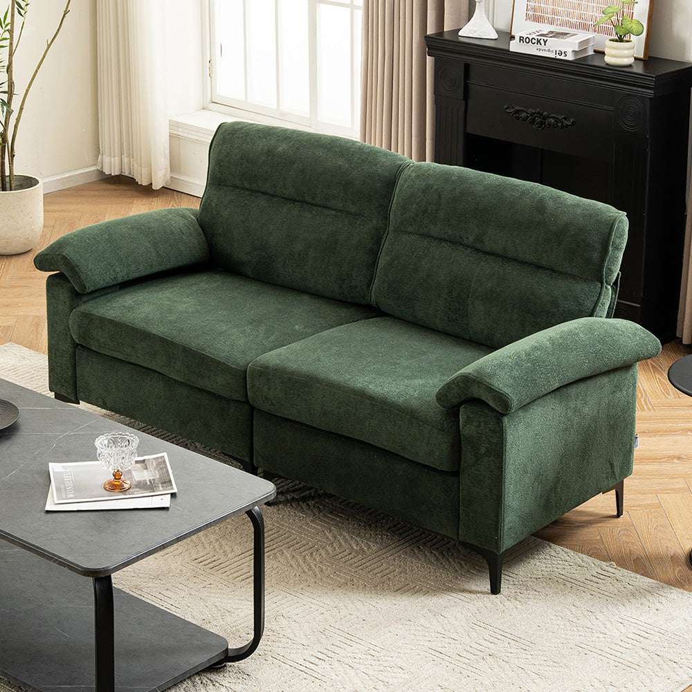 Minimalist Chenille Fabric Two-seat Sofa With Wooden Frame & Black Metal Legs | Green