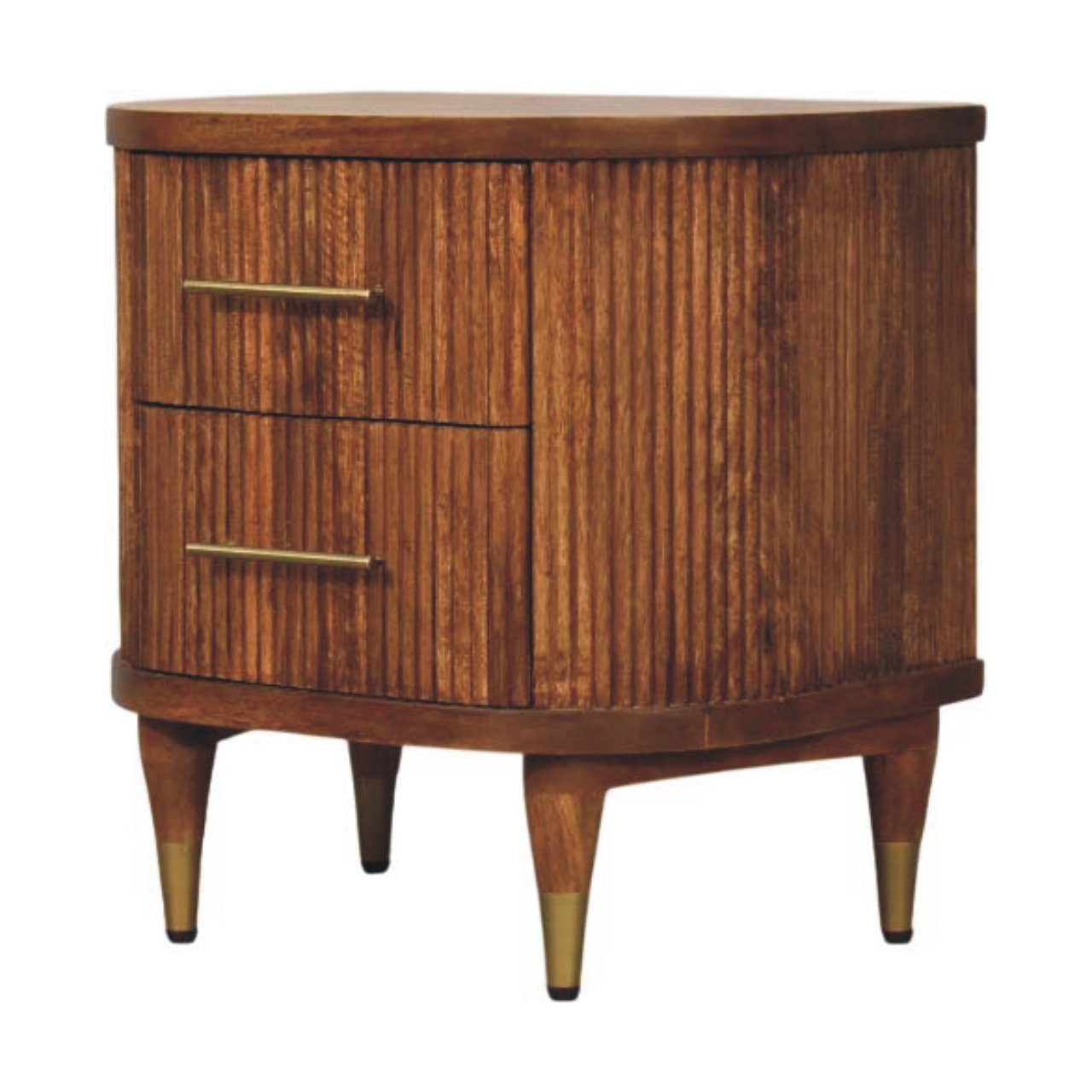 Solid Wood Ribbed Bedside With Brass Accents, 2 Drawers, Light Brown