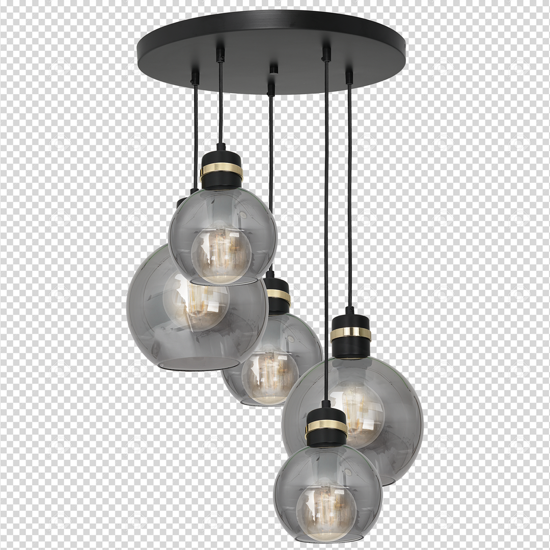Omega Black/gold Pendant Lamp 5xe27 With Elegant Smoked Glass Spheres Quality Matt Black Fittings With Gold Detail