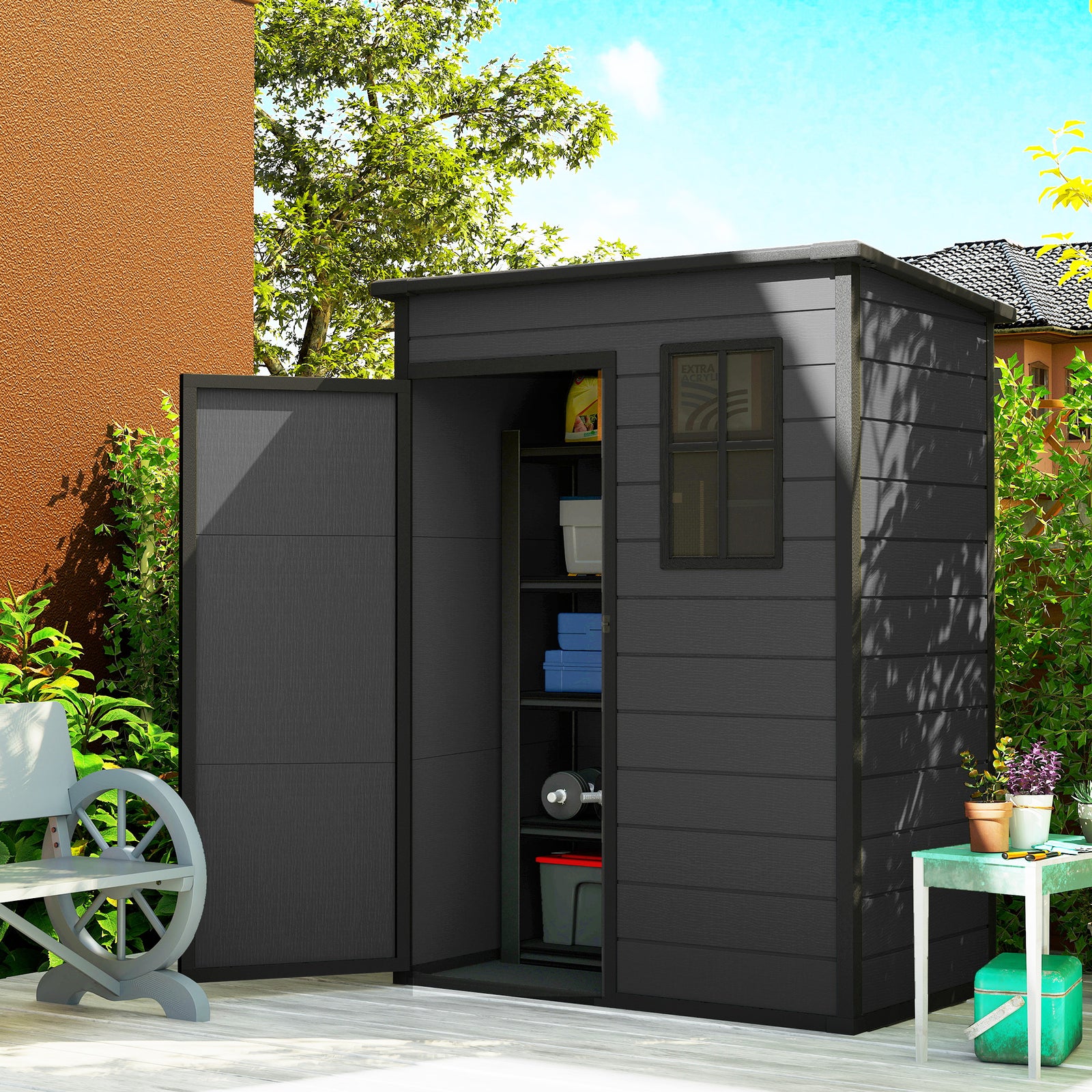5' X 3' Garden Shed W/ Floor, Lockable Door, Window And Vent | Dark Grey