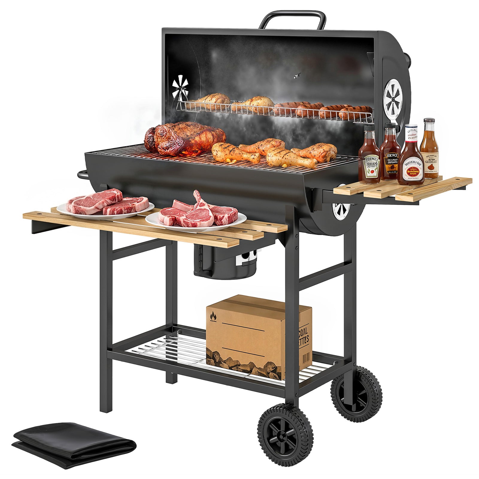 Charcoal Bbq Grill With Foldable Shelves