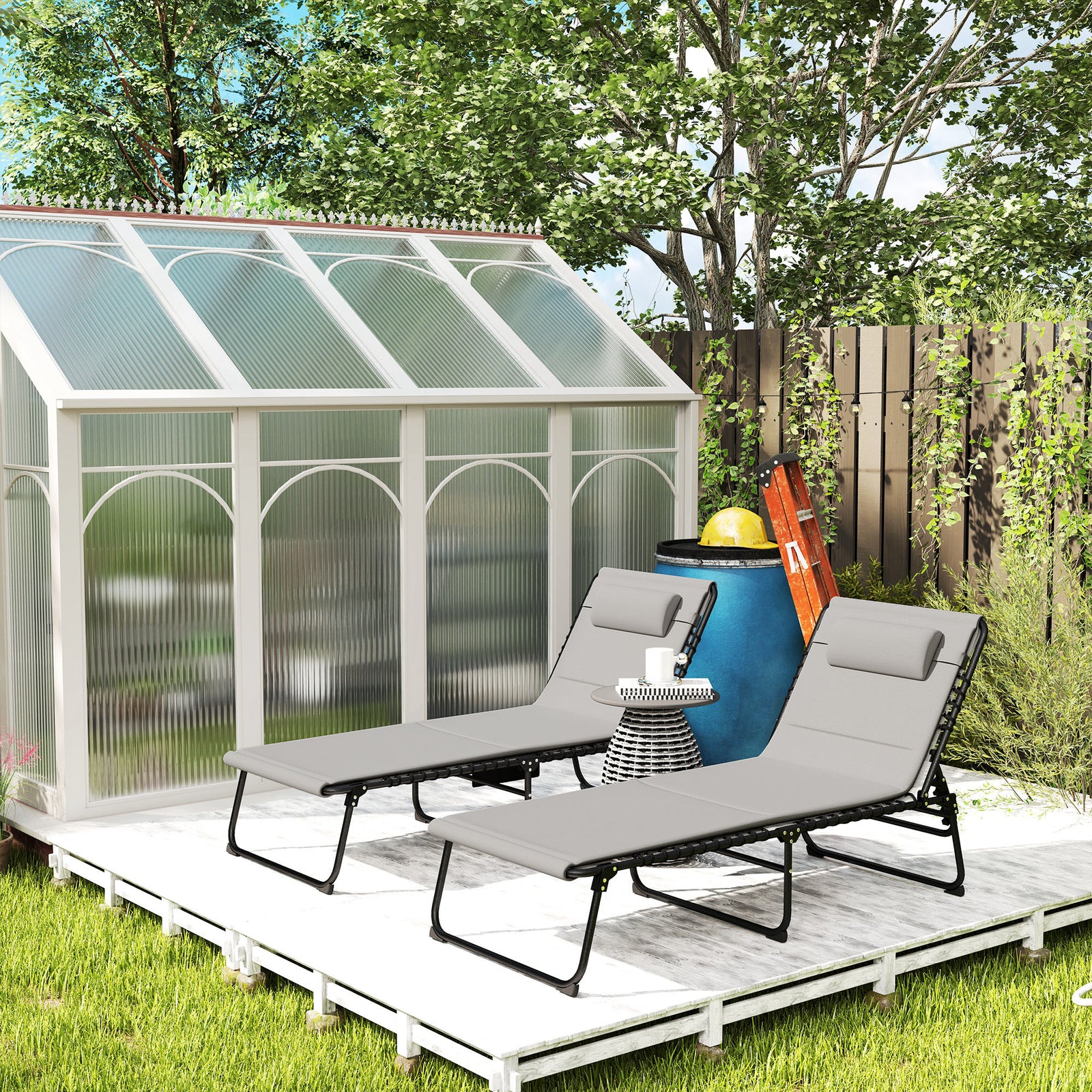 Folding Sun Loungers Set Of 2, Reclining Sun Bed | Light Grey