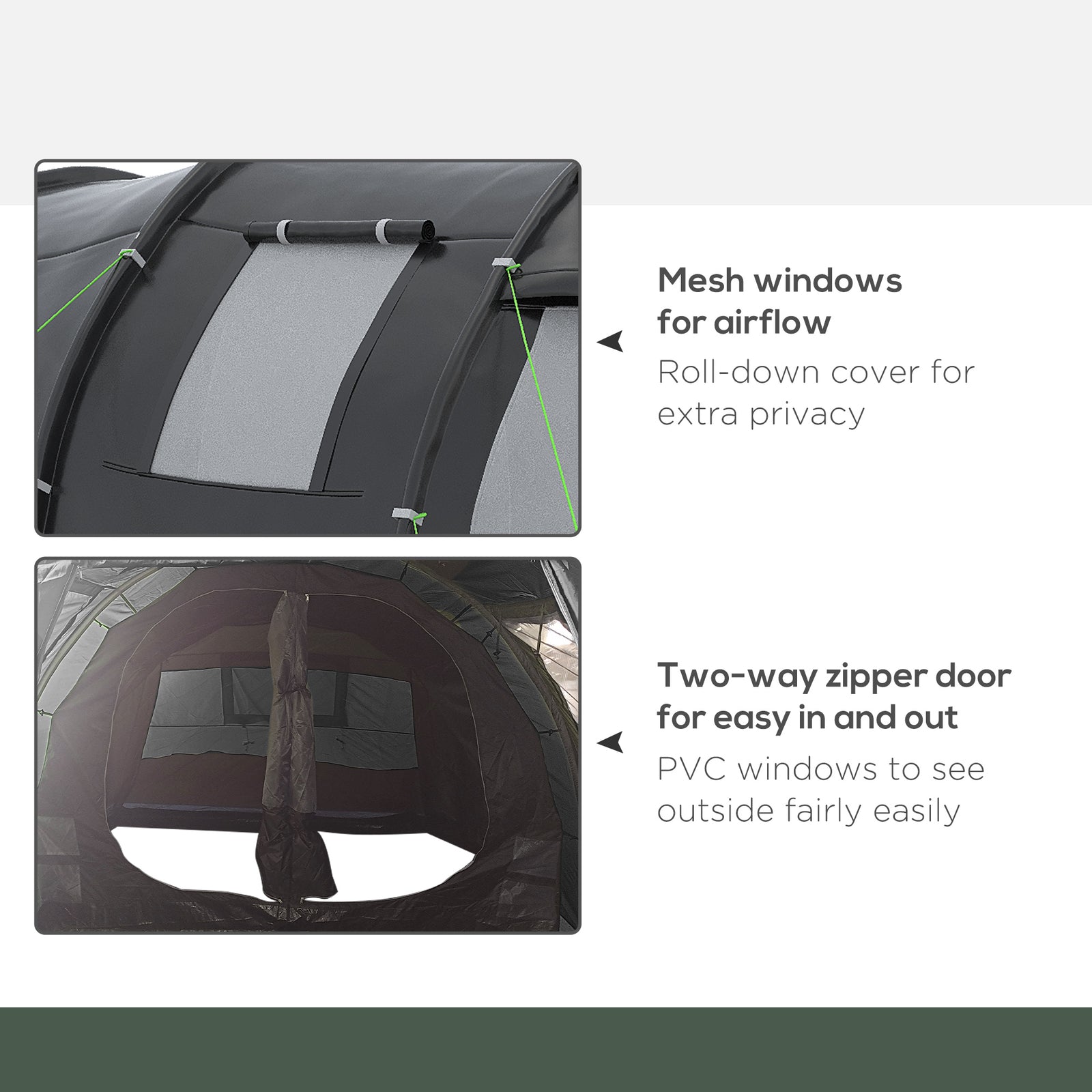 3-4 Persons Tunnel Tent, Two Room Camping Tent W/ Windows | Black