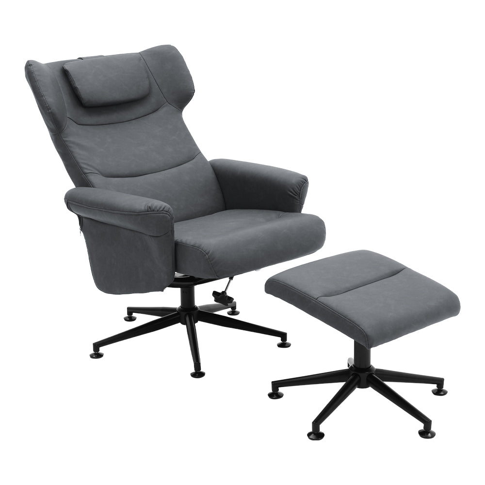 Faux Leather Swivel Armchair With Footstool | Grey