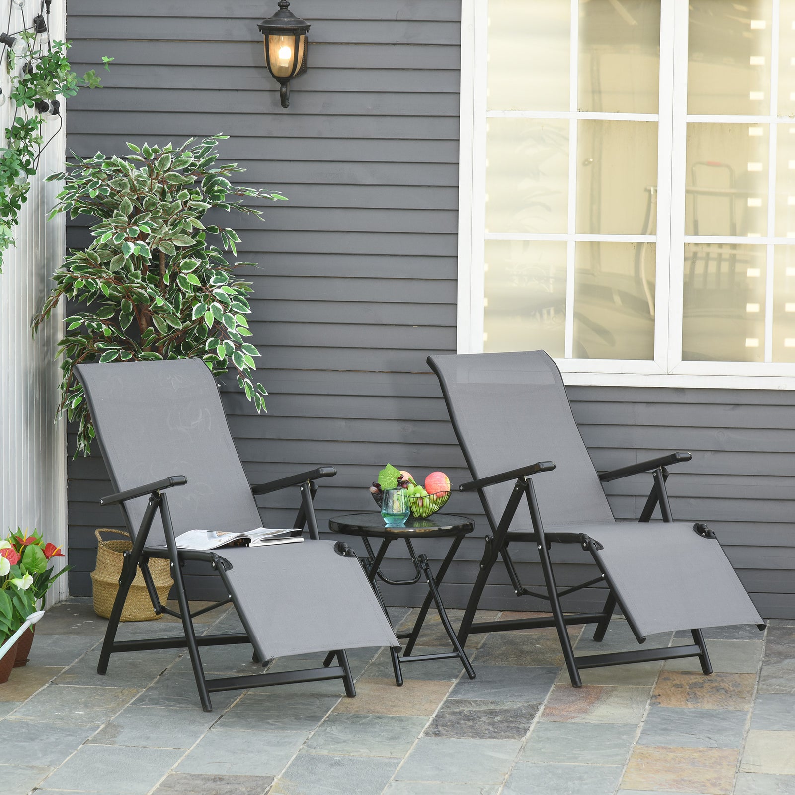 Set Of 2 Outdoor Sun Recliner Loungers W/adjustable Footrest | Gray