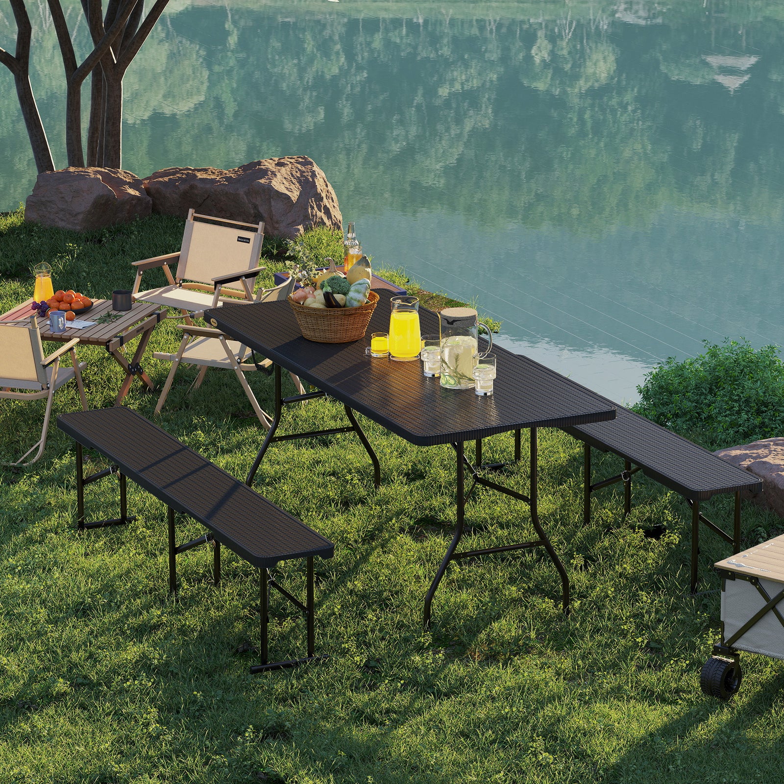 Rattan Effect Folding Picnic Table And Bench Set W/ Handles