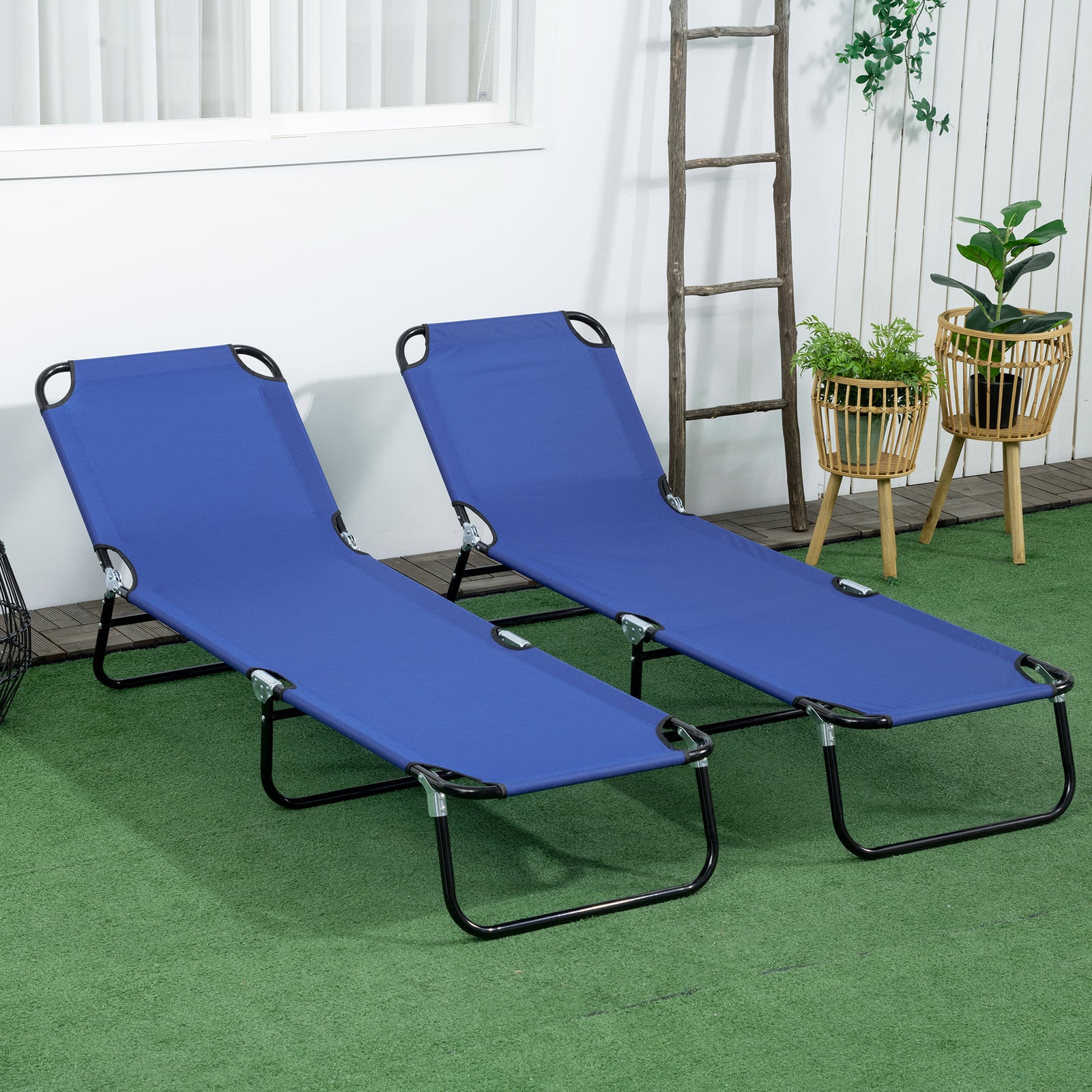 2 Folding Sun Loungers W/ Adjustable Backrest