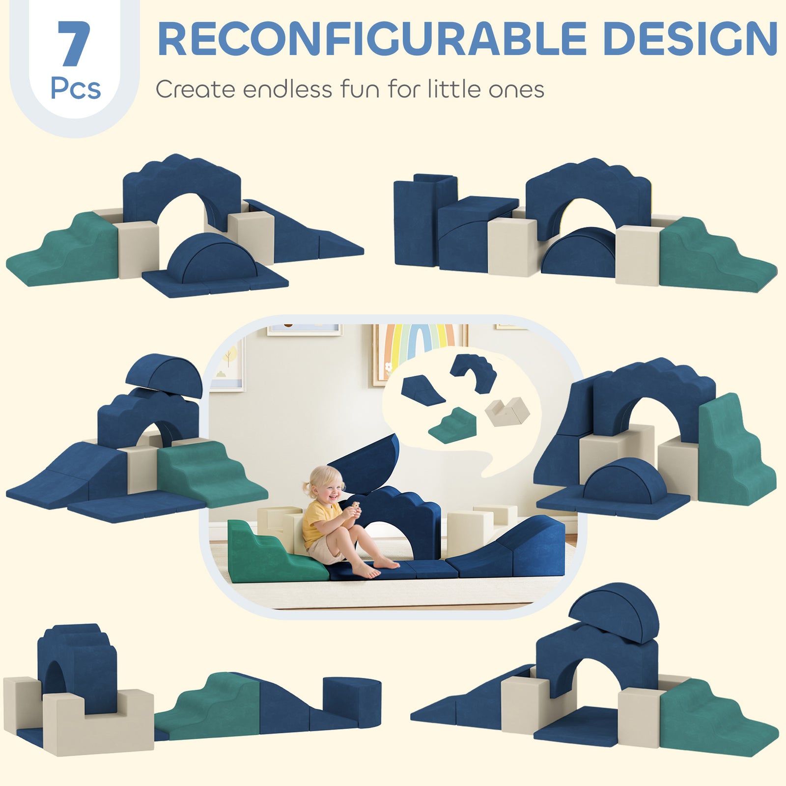Kids Soft Play Set, 7 Piece Foam Climbing Blocks | Blue
