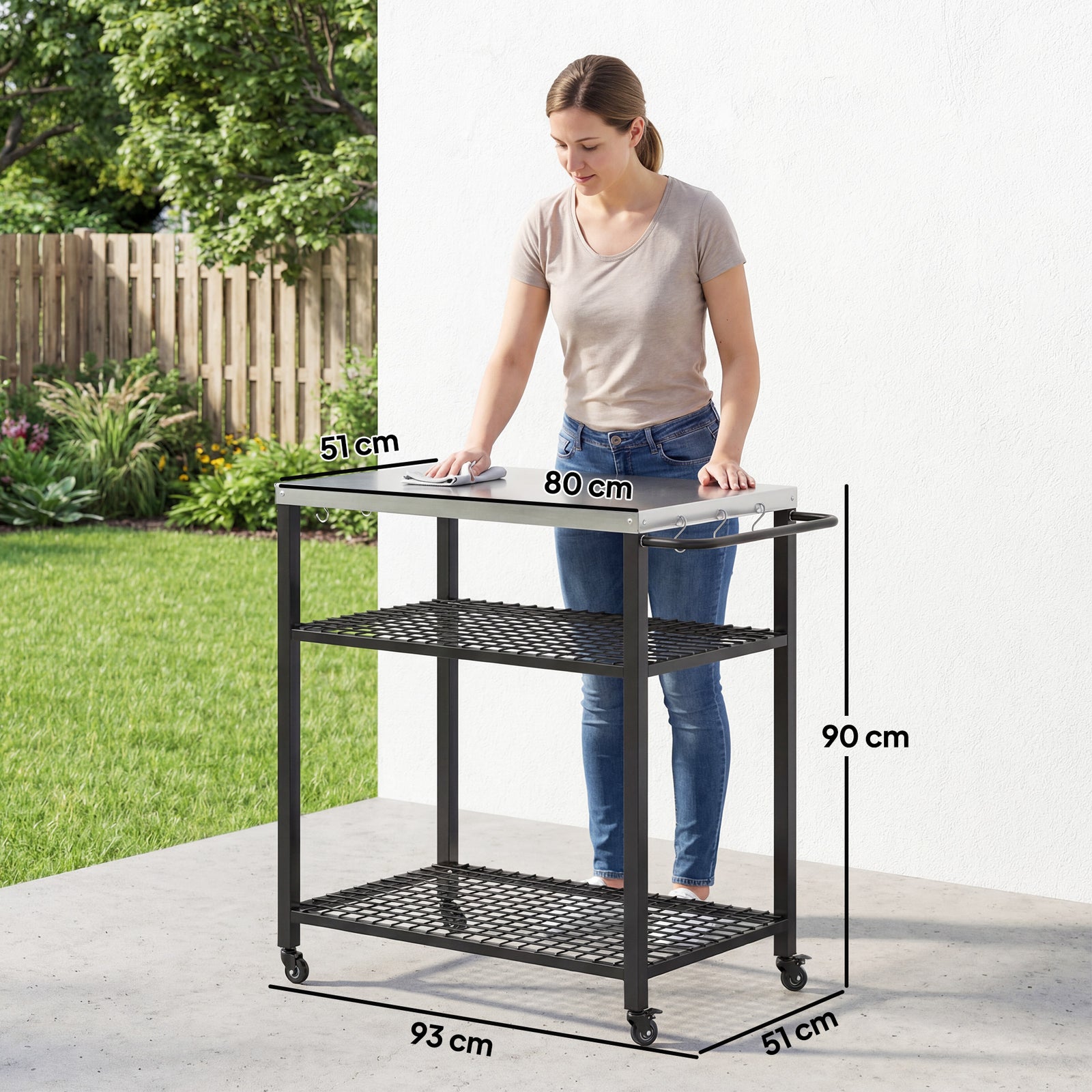 Outsunny Outdoor Grill Cart, Movable Food Prep Table With Wheels, Hooks