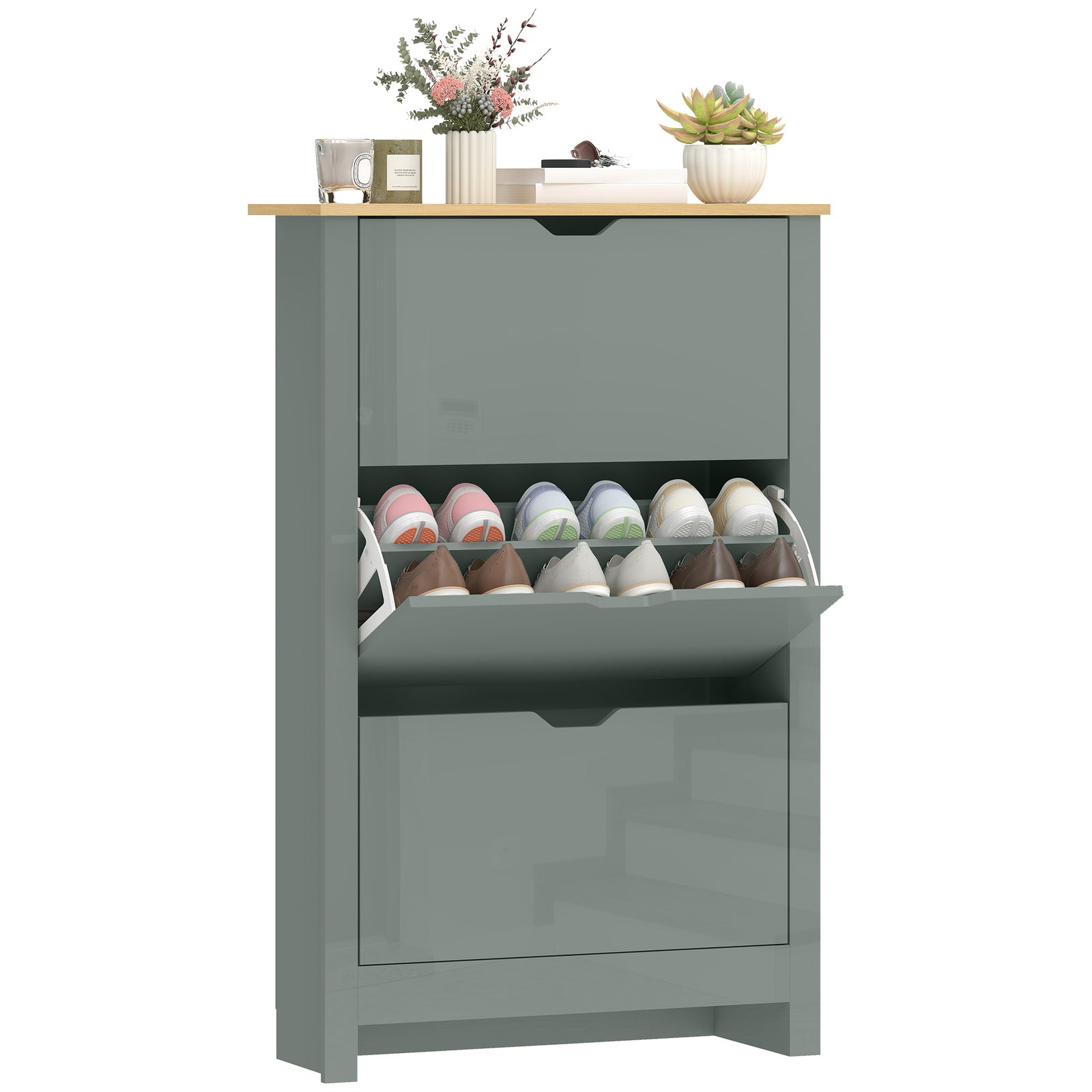 18-shoe Storage Cabinet 6 Shelves 3 Drawers Tabletop High | Light Grey