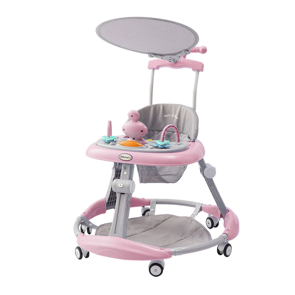 Adjustable Baby Walker With Sunshade, Foldable Walker, Multifunctional Baby Walker, Feeding Tray, Interactive Music, Toys, Wheel Safety Breaks, | Pink