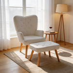 White Teddy Fabric Armchair With Ottoman, Iron Frame & Solid Oak Legs