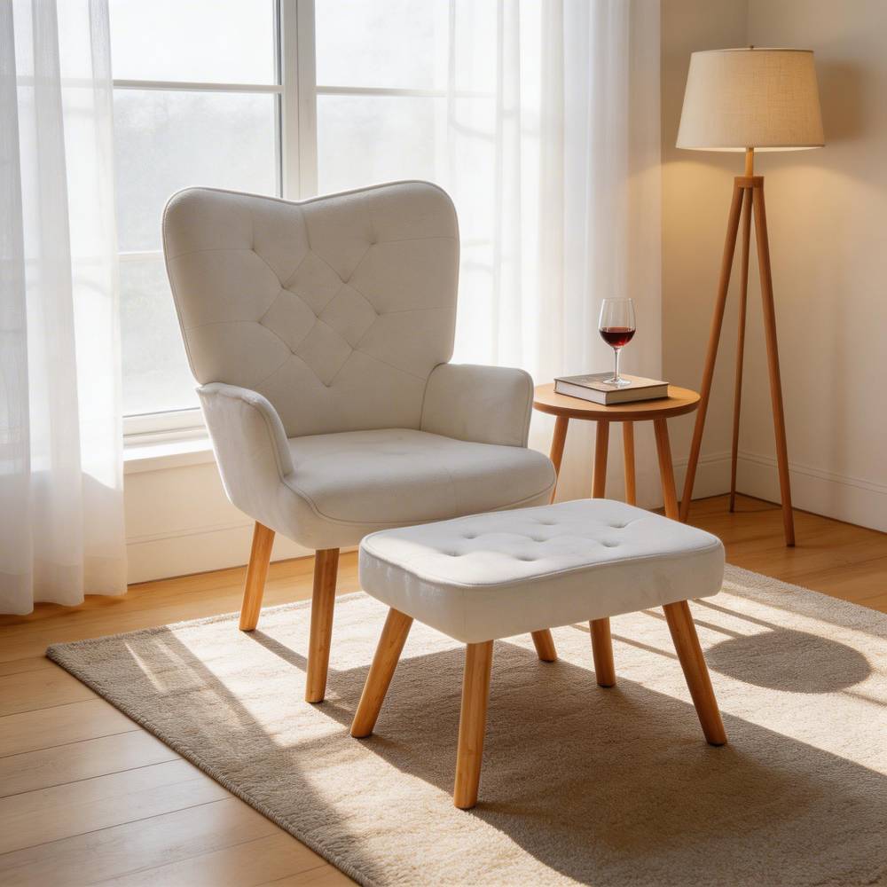 White Teddy Fabric Armchair With Ottoman, Iron Frame & Solid Oak Legs
