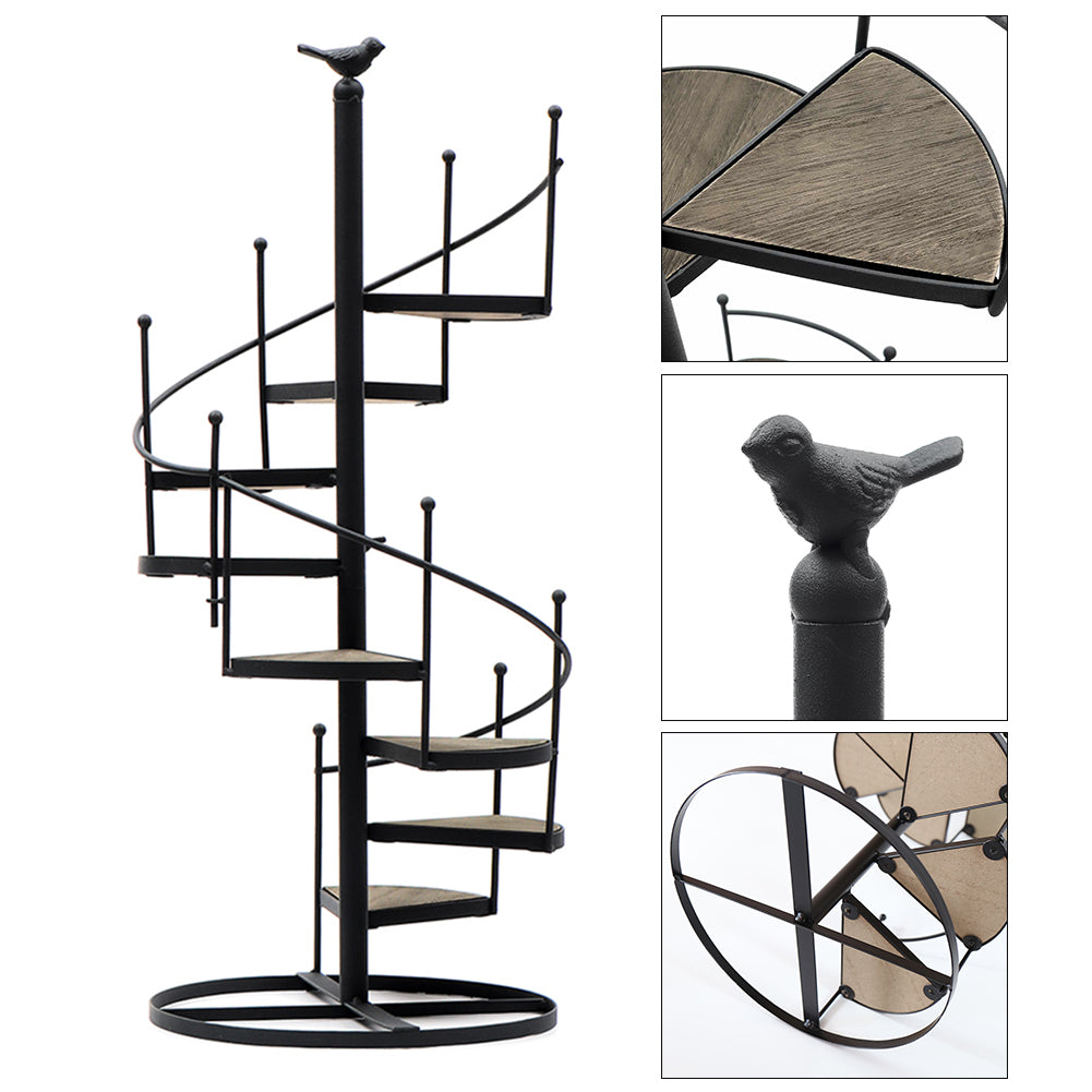 Spiral Staircase Metal Plant Stand Vintage Black Iron Plant Display Rack With Wooden Shelves