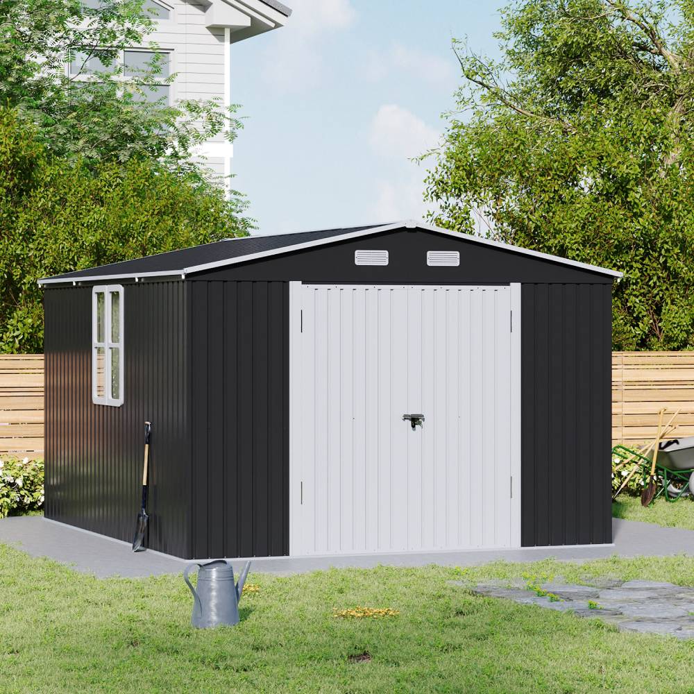 10x12ft Large Metal Storage Shed With Lockable Double Doors, 2 Windows, 4 Vents – Spacious Outdoor Tool Shed