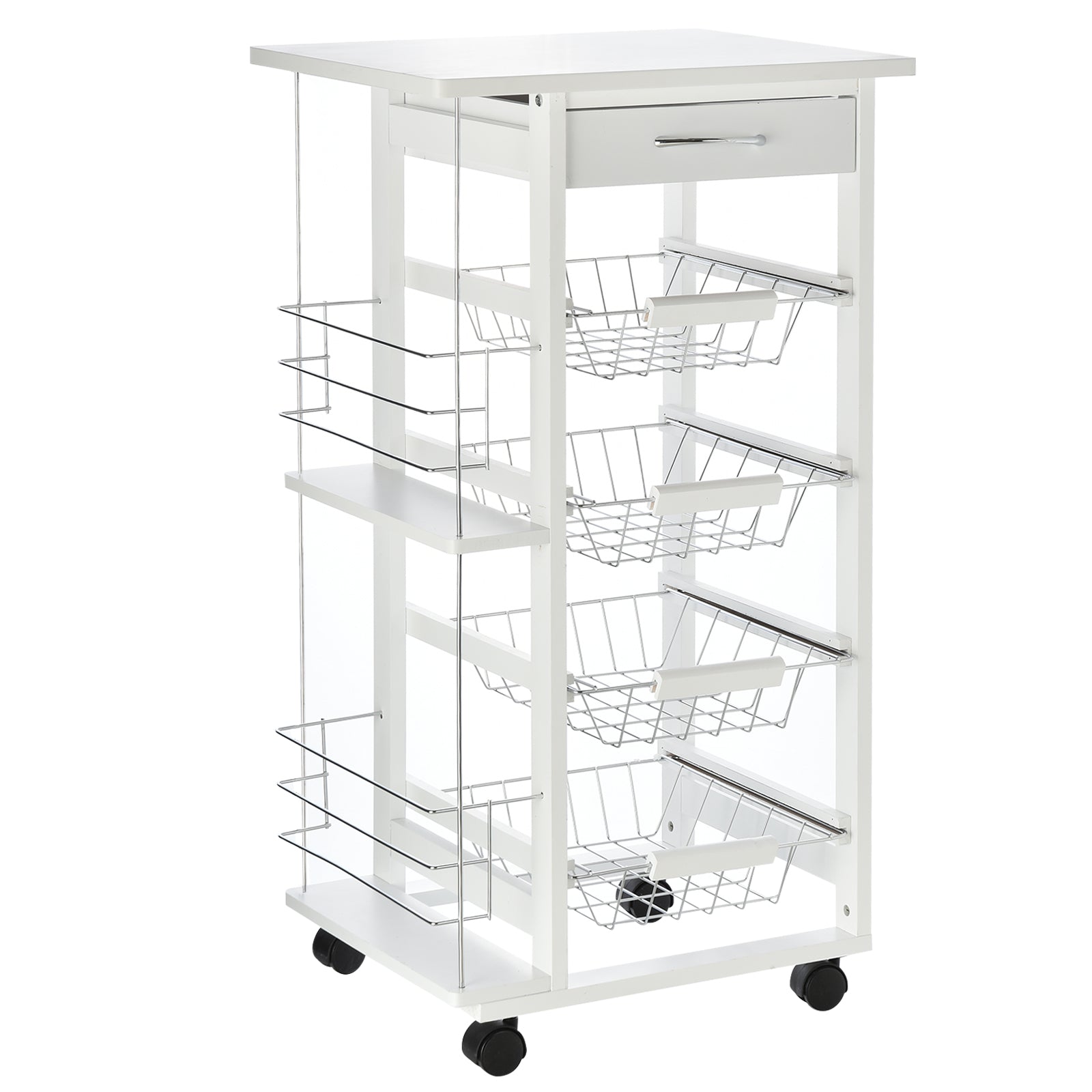 Kitchen Island Trolley W/ 4 Baskets 2 Side Racks Drawer | White