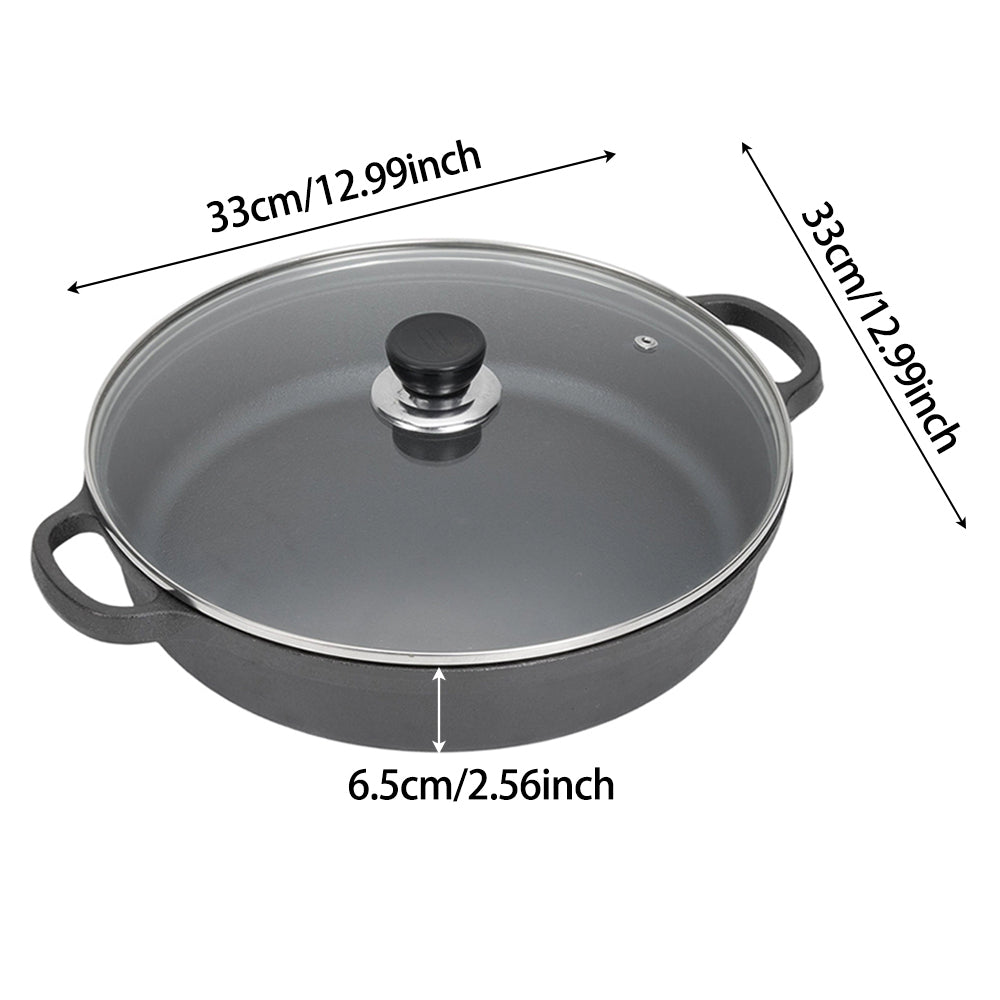 30cm/33cm/35cm Dia Pre-seasoned Round Cast Iron Braiser Pan With Lid & Double Handles | Medium
