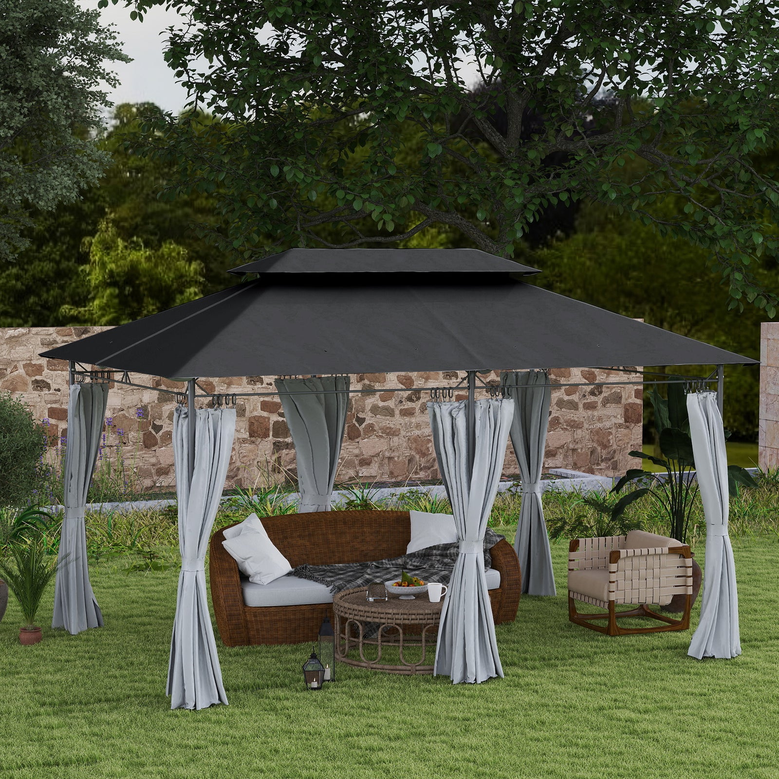 3x4m Garden Gazebo With Sides, Double Roof Metal Gazebo | Dark Grey