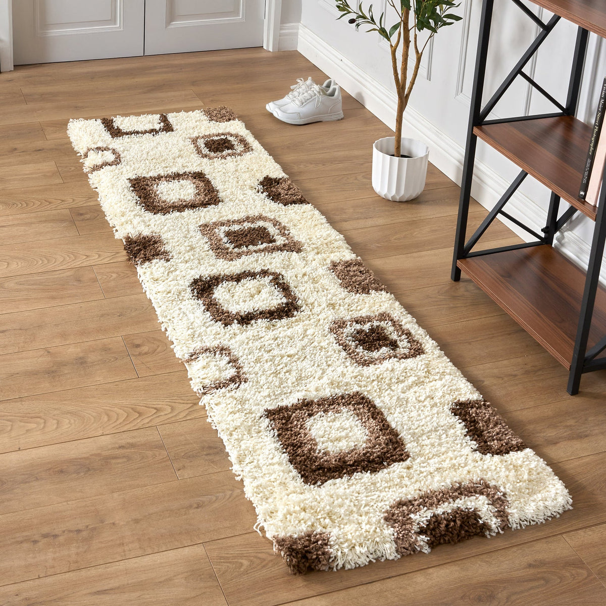 Geometric Thick Shaggy Fluffy Deep Pile Living Room Runner | 60cm x 230cm | Cream