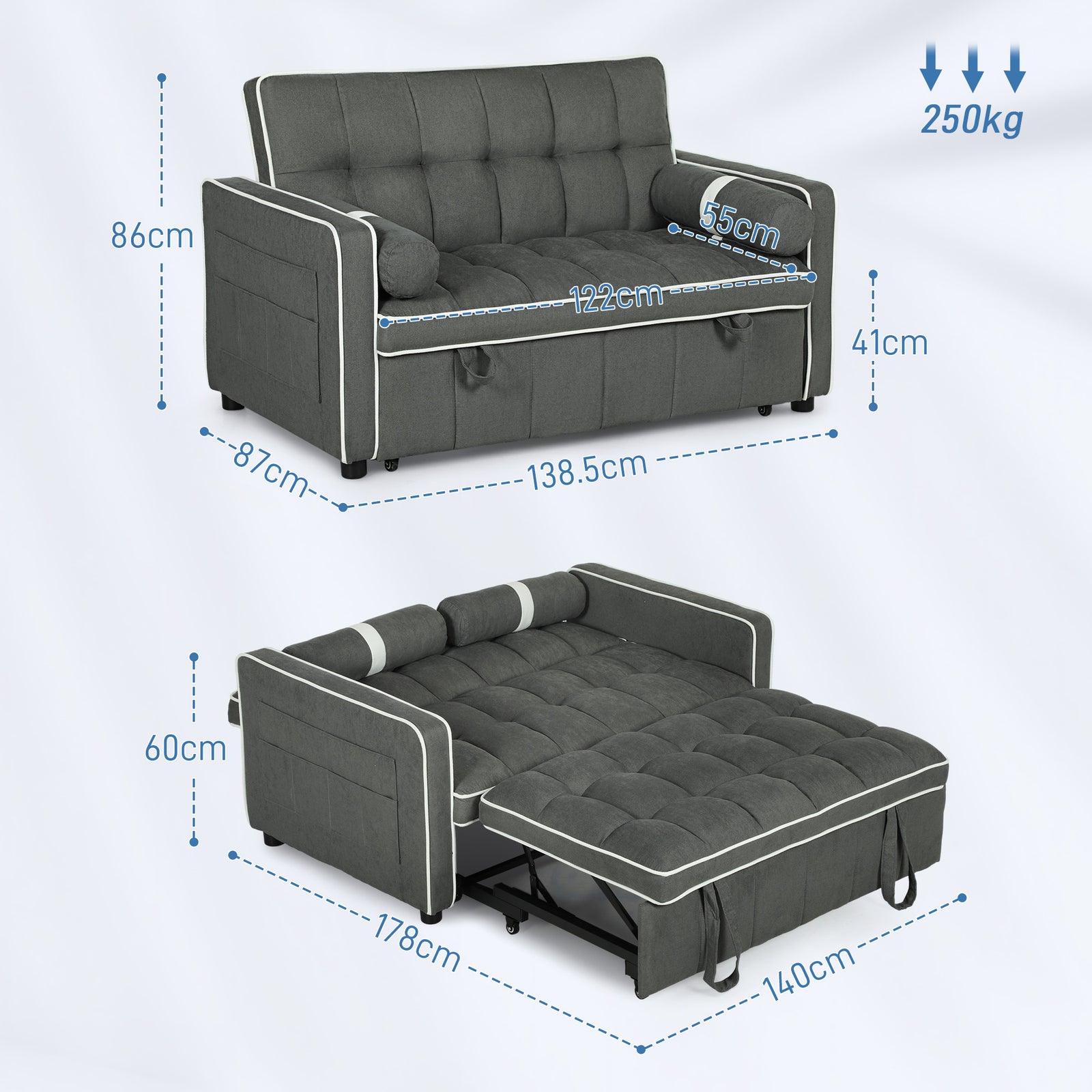 2 Seater Pull Out Sofa Bed With Adjustable Backrest, Charcoal Grey