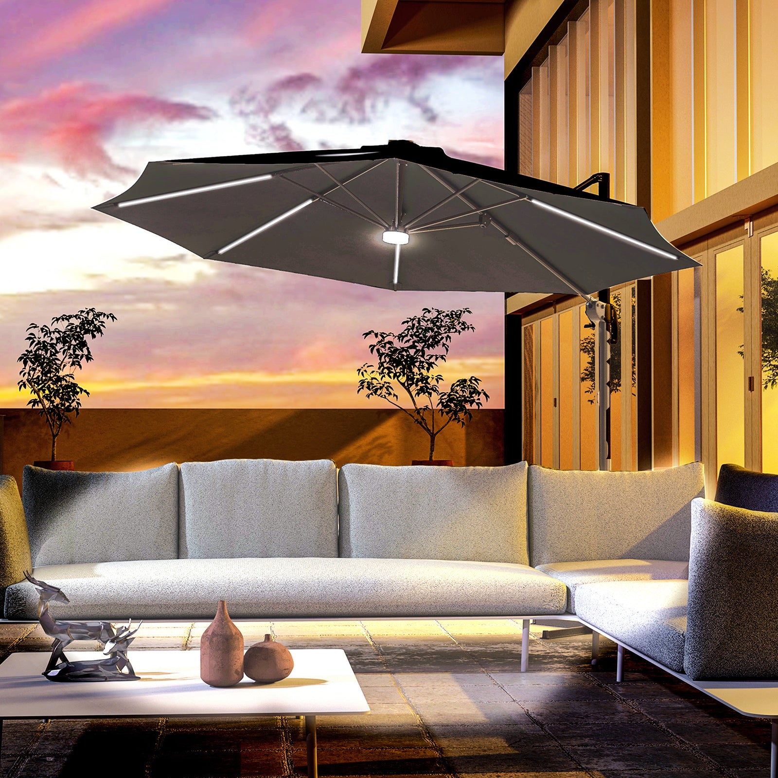 3m Led Cantilever Parasol W/ Base Solar Lights
