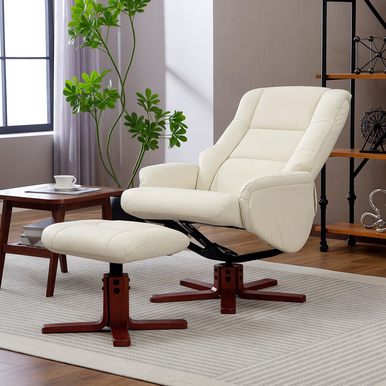 Recliner Armchair With Wood Base, Upholstered Reclining Chair | White