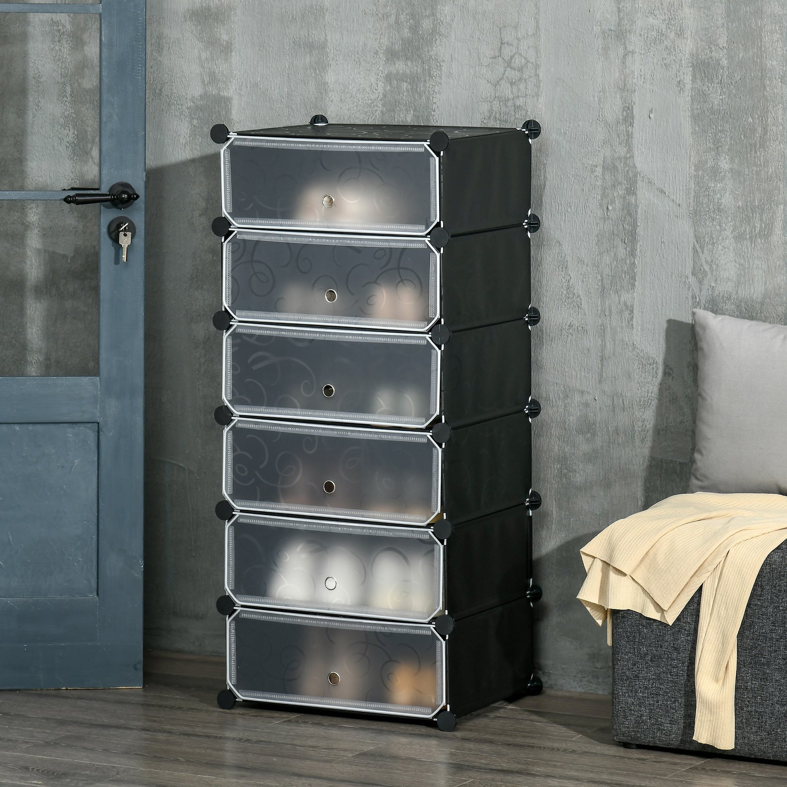 6 Tier Shoe Rack Plastic Storage Cabinet Modular Shoe Tower | One Size | Black